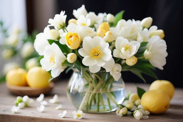 Foto belas flores brancas um buquê simples uma boa primavera e flores perfumadas com pestilo amarelo
