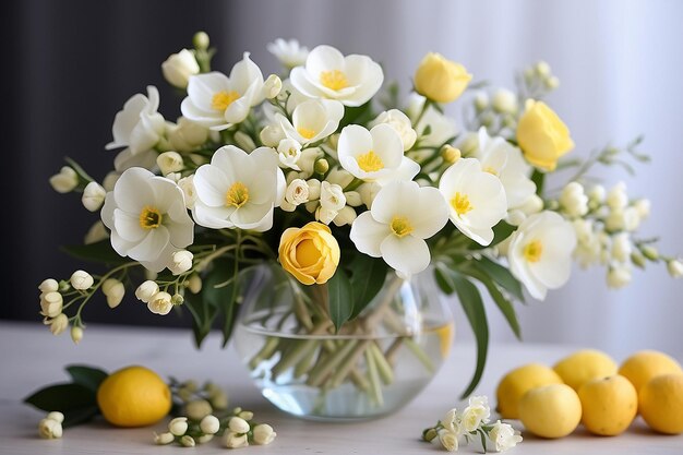 Foto belas flores brancas um buquê simples uma boa primavera e flores perfumadas com pestilo amarelo