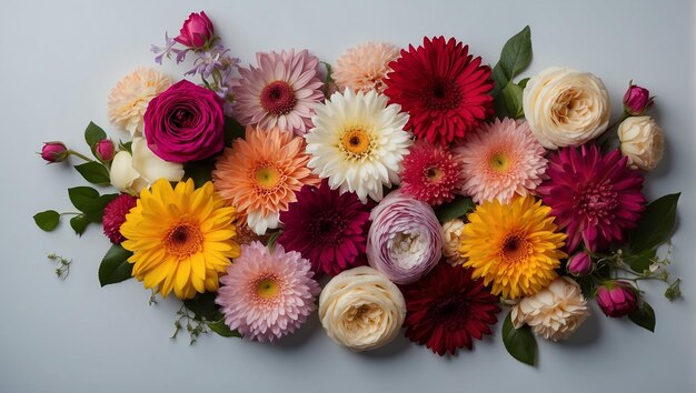 Foto belas flores coloridas e florescentes são colocadas contra um fundo mínimo fornecendo amplo