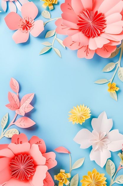 Belas flores coloridas emolduradas em fundo azul claro