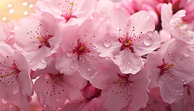 Belas flores cor-de-rosa cobertas de gotículas de água brilhantes
