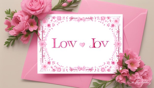 Belas flores cor-de-rosa com cartão de amor