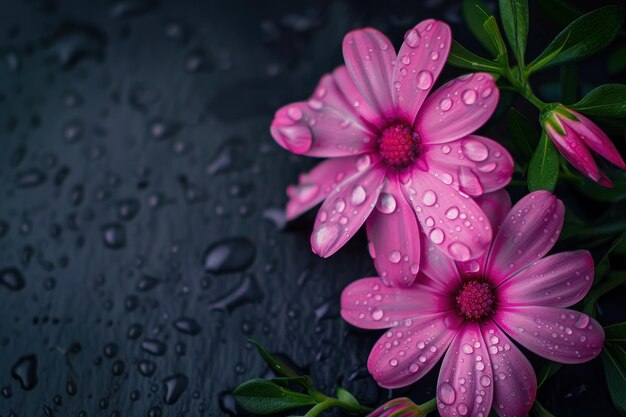 Foto belas flores cor-de-rosa com gotas de água em um fundo escuro