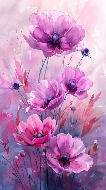 Belas flores de anêmona rosa em fundo de aquarela abstrata