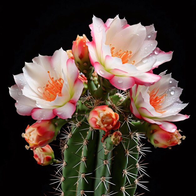 Foto belas flores de cacto com gotas de água isoladas em fundo preto