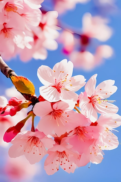 Belas flores de cerejeira cor-de-rosa florescem na primavera sobre um fundo de céu azul