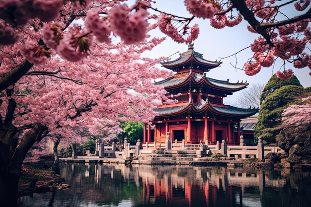 Belas flores de cerejeira e pagode em Nara, Japão