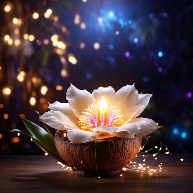 Belas flores de coco mágicas com luzes mágicas ao fundo