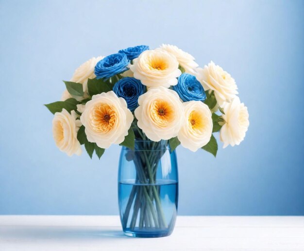 belas flores de creme e cores azuis em um vaso de vidro