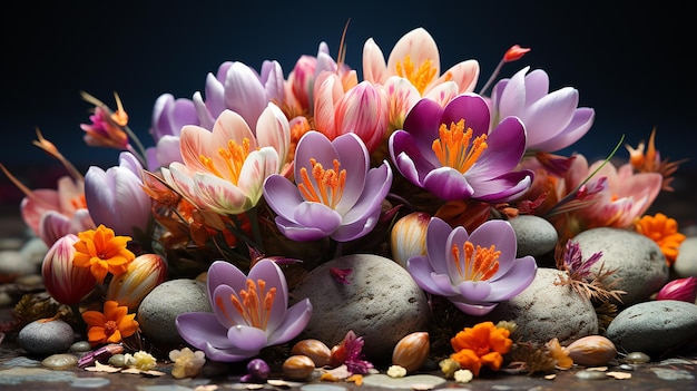 Belas flores de crocus de primavera com ovos de Páscoa
