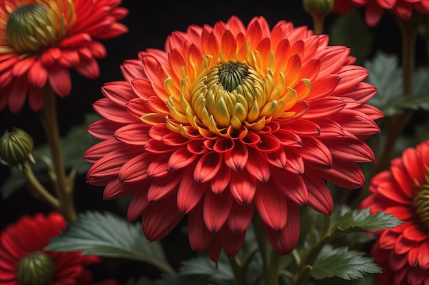 Belas flores de dahlia amarelas em fundo escuro em close-up