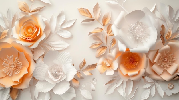 Foto belas flores de papel branco e laranja de primavera são retratadas em um fundo branco e azul