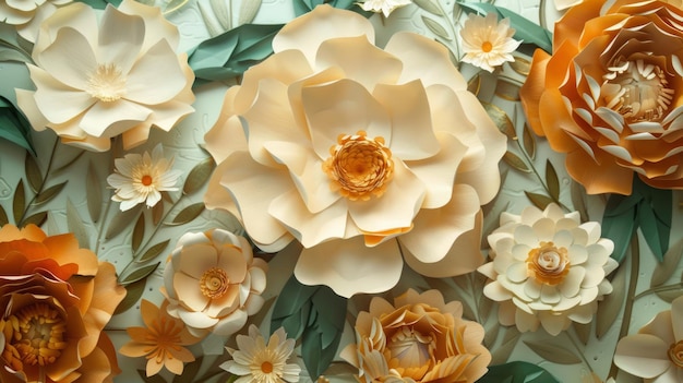 Belas flores de papel branco e laranja de primavera são retratadas em um fundo branco e azul