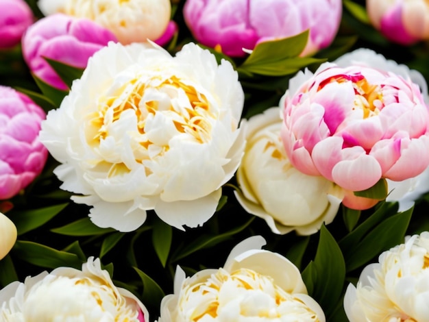 Belas flores de peônia de cor creme e branca de perto A peônia é um gênero de plantas herbáceas perenes e arbustos decíduos.