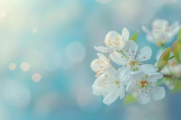 Belas flores de pêra de Bradford na primavera contra um fundo azul pacífico e desfocado