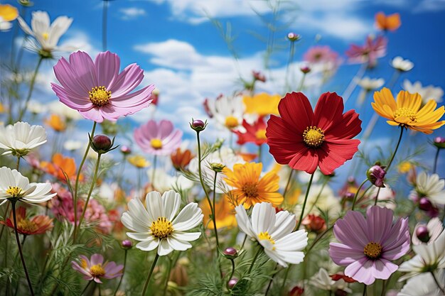 Foto belas flores de prado do cosmos campo com fundo de céu flor selvagem colorida ou natureza de verão arte de flores de primavera