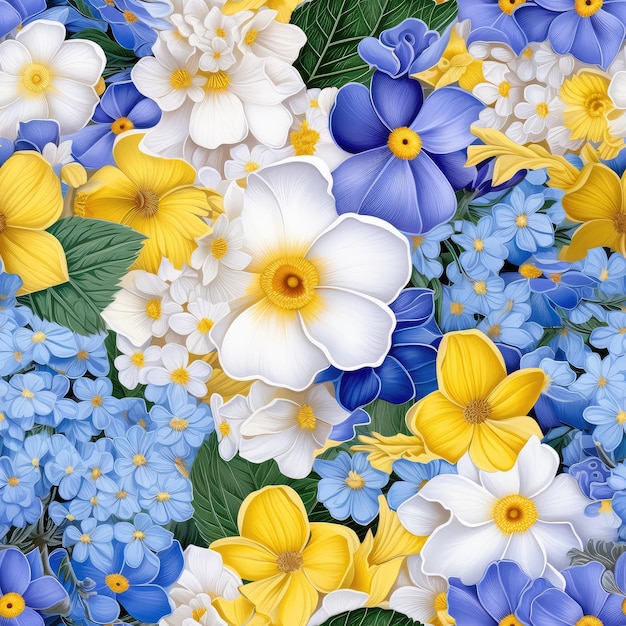 Belas flores de primavera Bouquet amarelo azul branco e roxo Primrose da floresta