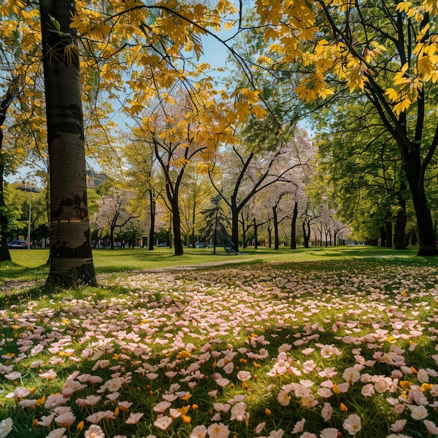 Belas flores de primavera em um parque com flores abundantes