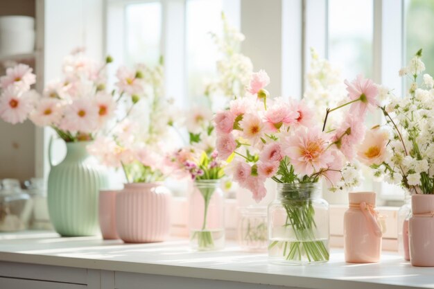 Belas flores de primavera em vasos de cerâmica em fundo claro IA generativa