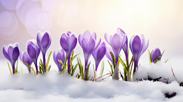 Belas flores de primavera na neve