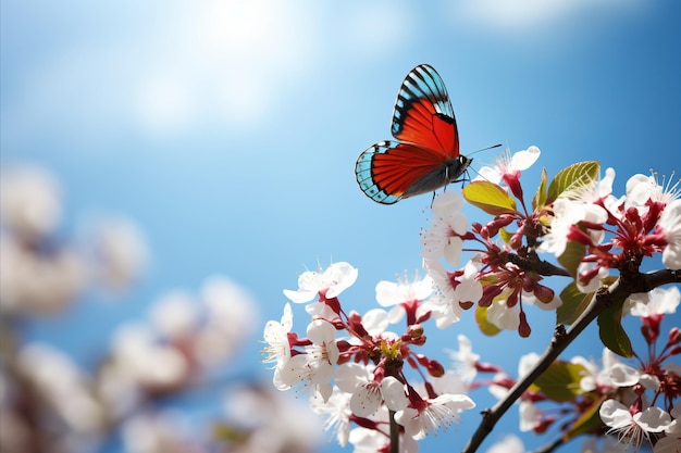 Belas flores de sakura com elegantes borboletas em uma vibrante paisagem de primavera contra um céu azul claro