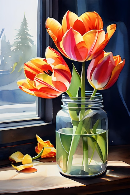 Belas flores de tulipa aquareladas em um frasco ou elementos florais aquarelados