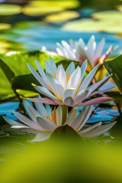 Belas flores de um lírio de água branco florescendo na água entre as folhas