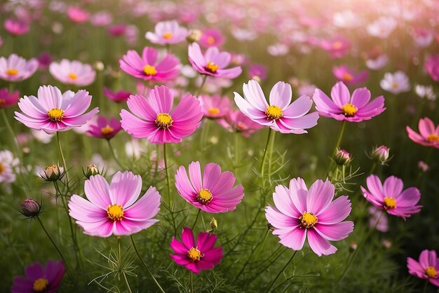 Belas flores do Cosmos na natureza fundo doce fundo desfocado fundo de flores rosa claro e rosa profundo cosmos