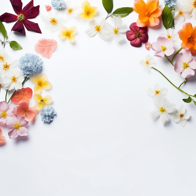 Belas flores e folhas de primavera em fundo branco com espaço negativo