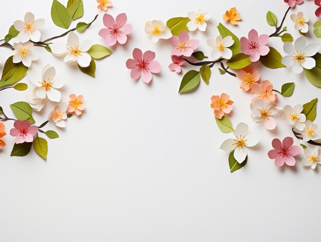 Belas flores e folhas de primavera em fundo branco com espaço negativo