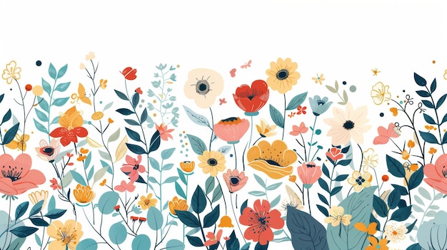 Belas flores e folhas multicoloridas em floração são delimitadas por uma bandeira horizontal branca Ilustração moderna de plantação botânica de primavera