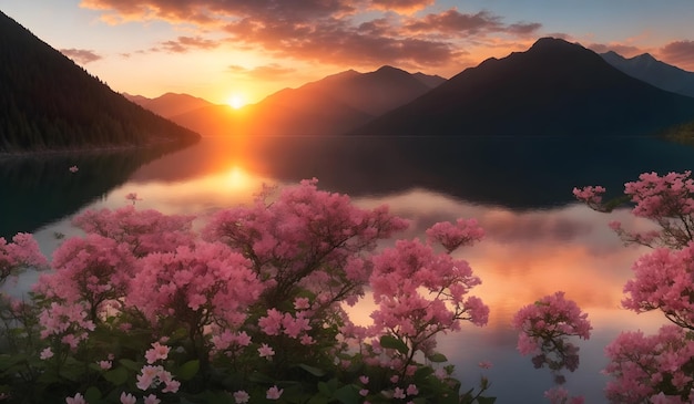 Belas flores na borda do lago com o nascer do sol AI gerativa