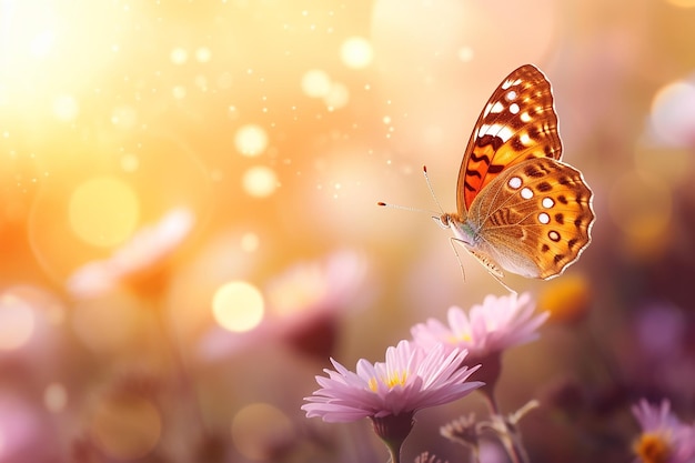 Foto belas flores silvestres em fundo com uma borboleta delicada