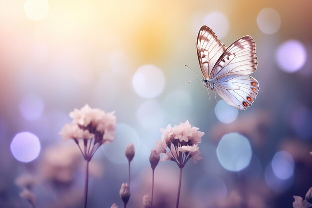 Foto belas flores silvestres em fundo com uma borboleta delicada