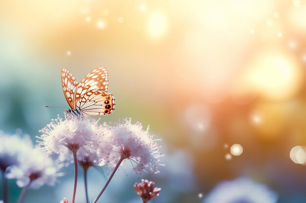 Foto belas flores silvestres em fundo com uma borboleta delicada