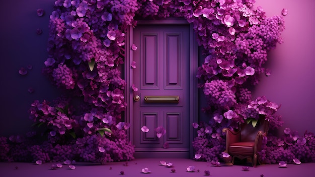 Belas flores volumétricas adornam uma porta roxa situada contra um fundo roxo em branco.