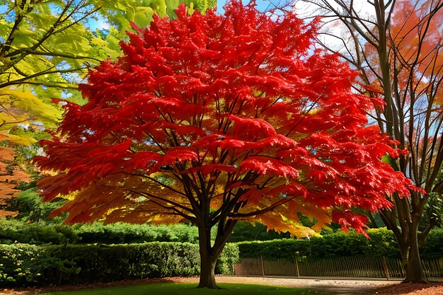 Belas folhas de bordo vermelhas e verdes na árvore