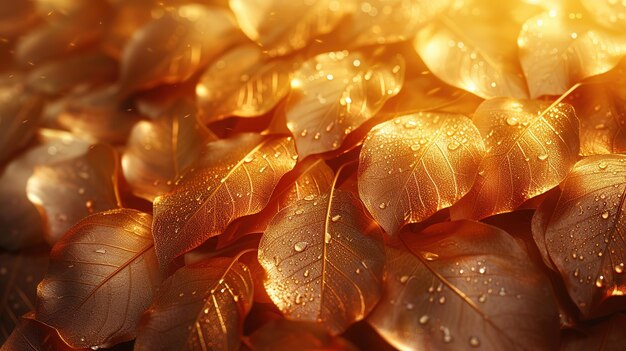 Belas folhas douradas com gotas de água em um close de fundo claro