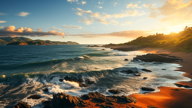 Belas fotos aéreas de uma praia com colinas ao fundo ao pôr-do-sol