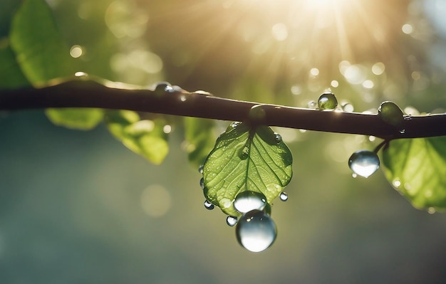 Belas gotas de água brilham no sol em folhas na luz solar macro Grande gota de orvalho matinal ao ar livre