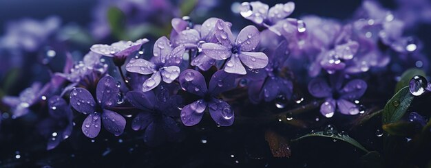 belas gotas de água de flores roxas