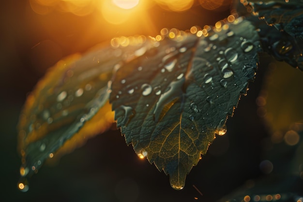 Belas gotas de chuva em folhas verdes à luz do sol matinal