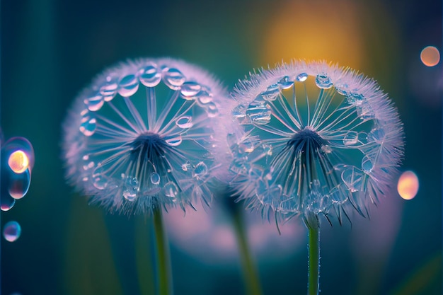 Belas gotas de orvalho em uma macro de semente de dente-de-leão Belo fundo azul claro e violeta gerado por IA