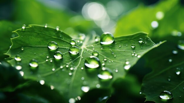 Belas grandes gotas de chuva claras na folha verde macro