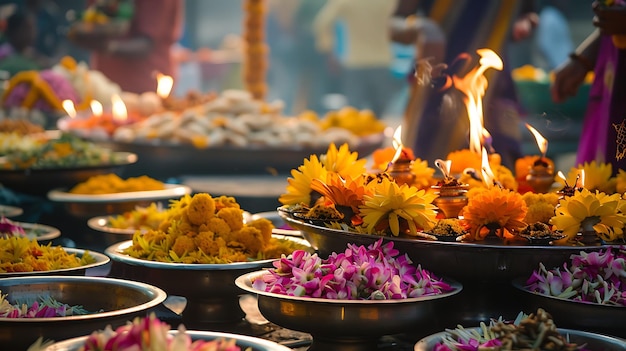 Belas guirlandas de flores indianas e lâmpadas de óleo dispostas em um templo para um festival hindu