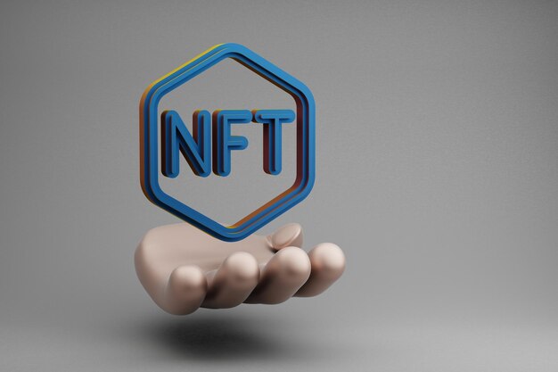 Belas ilustrações abstratas Mão dourada segurando símbolo NFT azul em fundo cinza