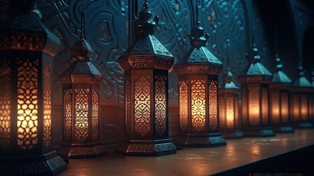 Belas ilustrações de lanternas de mesquitas com tema do Ramadã 3D realista