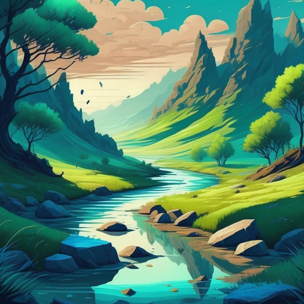 belas ilustrações de paisagens naturais de montanhas e rios usando ferramentas de IA generativas