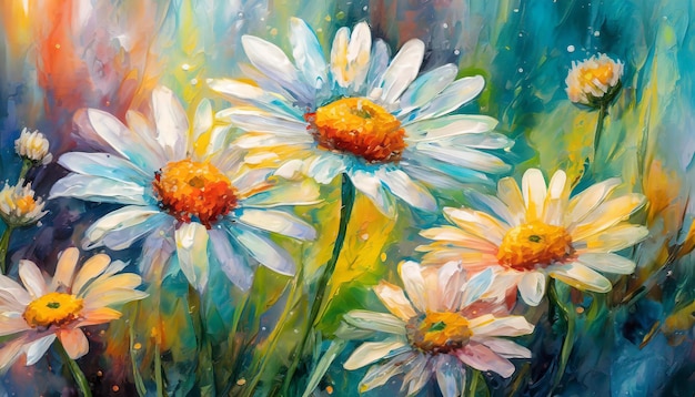 Belas ilustrações digitais em close-up flores de margarida coloridas pintura a óleo buquê floral