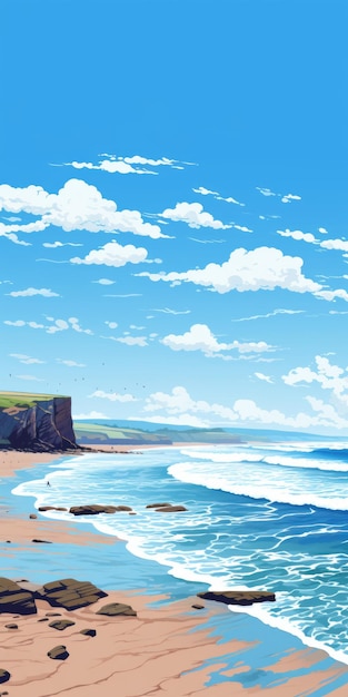 Belas ilustrações em 2D da praia de Bude Cornwall com um céu azul